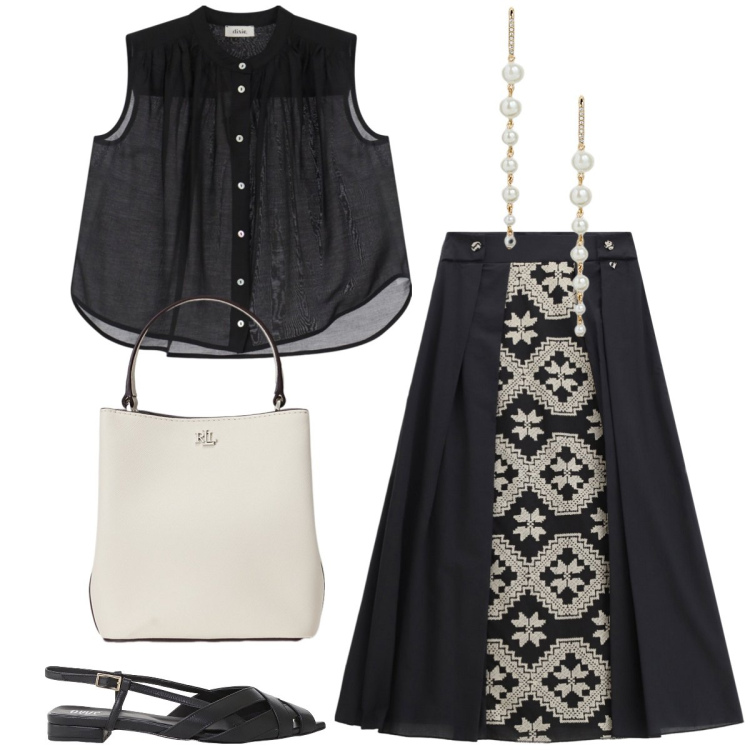 Outfit donna - Total look #2195792. Stile Casual chic per Tutti i giorni. Abbinamento con camicie, sandali, gonne lunghe, orecchini, borse a secchiello.