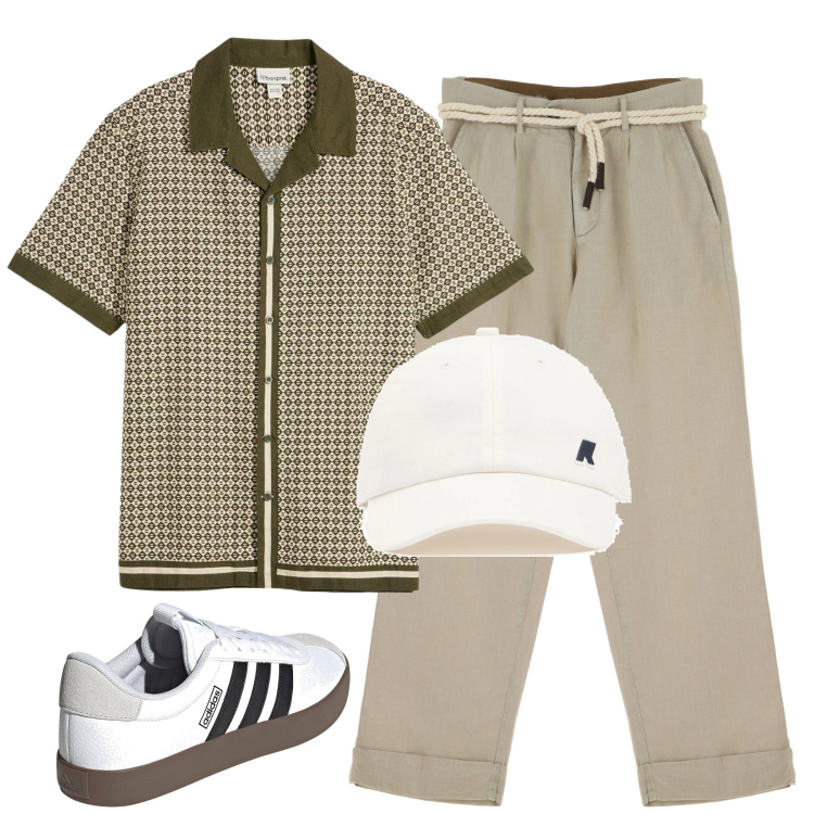 Outfit uomo - Camicia a maniche corte. Stile Casual per Ufficio. Abbinamento con camicie a manica corta, pantaloni chino, cappelli, sneakers.