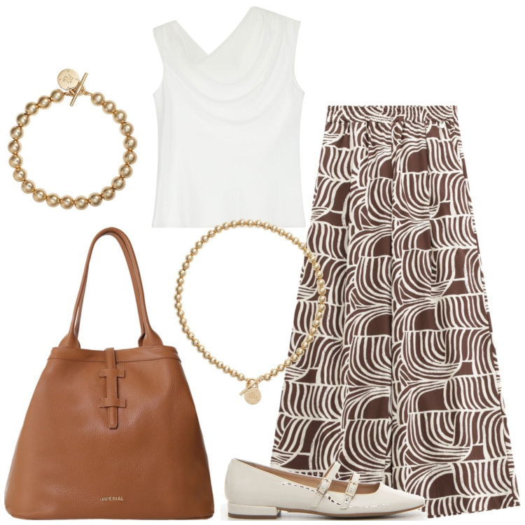 Outfit donna - Total look #2195794. Stile Casual chic per Tutti i giorni. Abbinamento con pantaloni, borse tote, top, collane, braccialetti, décolleté.