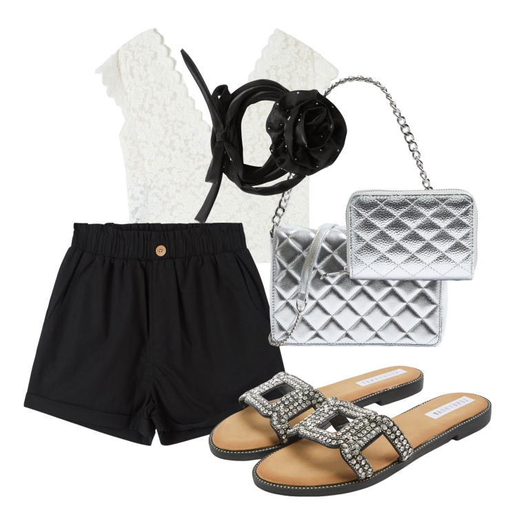 Outfit donna - Total look #2195796. Stile Preppy per Tutti i giorni. Abbinamento con t-shirt, pantaloni corti, ciabatte, collane, borse a tracolla, portafogli.