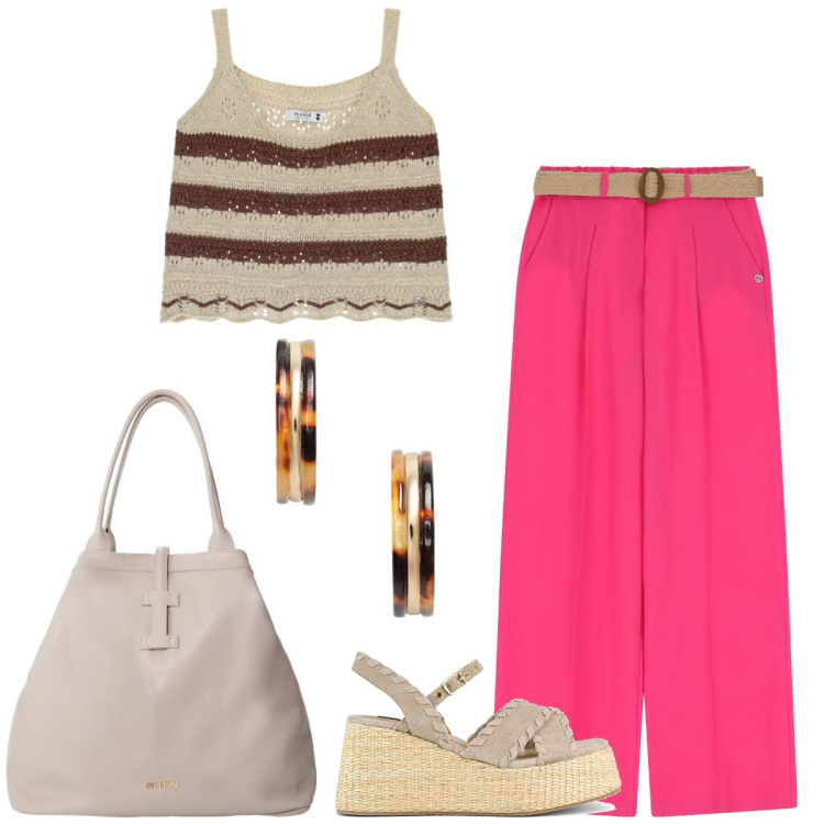Outfit donna - Total look #2195797. Stile Casual per Tutti i giorni. Abbinamento con pantaloni, top, borse tote, orecchini, zeppe.