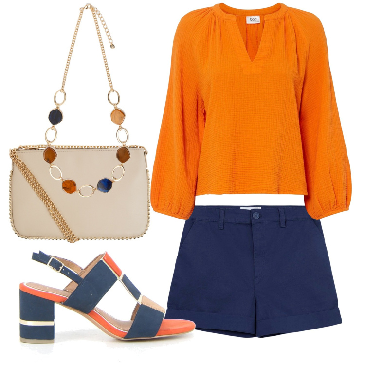 Outfit donna - Arancioblu. Stile Trendy per Serata fuori. Abbinamento con bluse, pantaloni corti, borse a tracolla, collane, sandali in pelle.