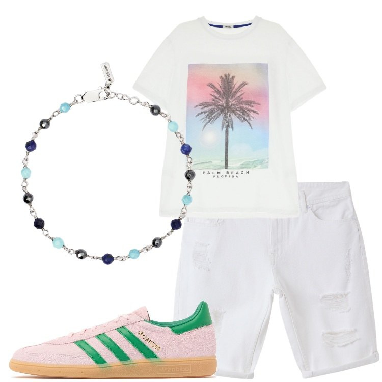 Outfit uomo - La t-shirt che sa di vacanze. Stile Casual per Tutti i giorni. Abbinamento con bermuda, braccialetti, t-shirt, sneakers.