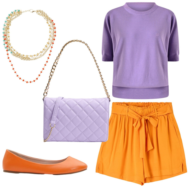 Outfit donna - Arancioviola. Stile Bon Ton per Tutti i giorni. Abbinamento con ballerine, shorts, borse a tracolla, maglieria, collane.