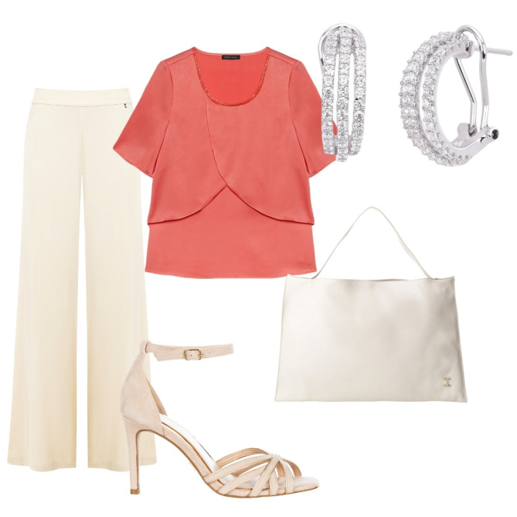 Outfit donna - Arancioluglio. Stile Chic per Serata fuori. Abbinamento con borse a spalla, orecchini, sandali col tacco, pantaloni a palazzo, bluse.