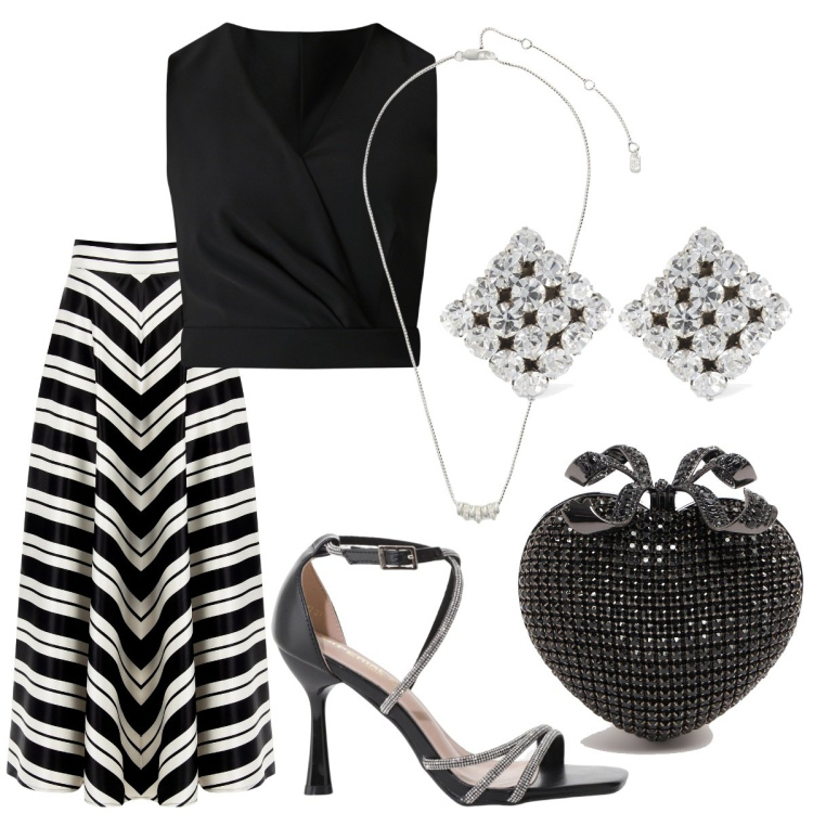 Outfit donna - Io & Matthias. Stile Trendy per Serata fuori. Abbinamento con top, gonne, sandali col tacco, collane, pochette, orecchini.