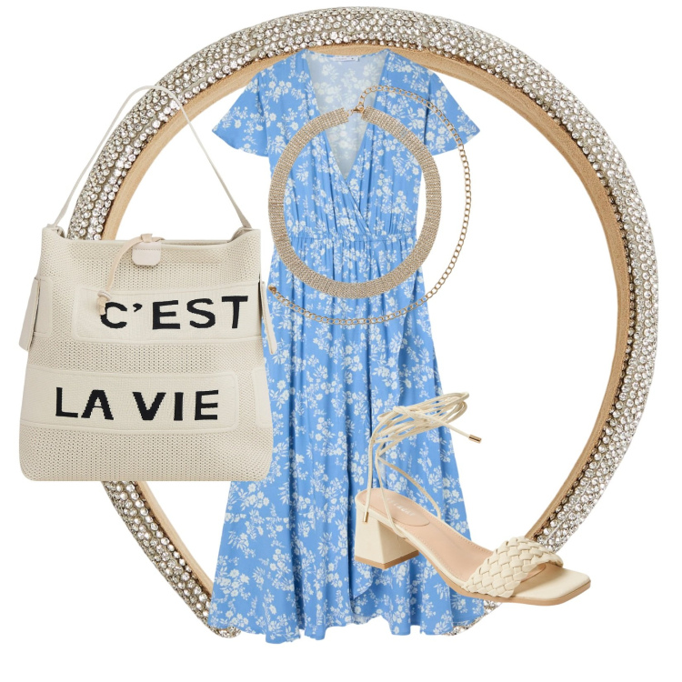 Outfit donna - C\'est la vie. Stile Casual chic per Tutti i giorni. Abbinamento con vestiti lunghi, collane, sandali alla schiava, cerchietti, borse a mano.