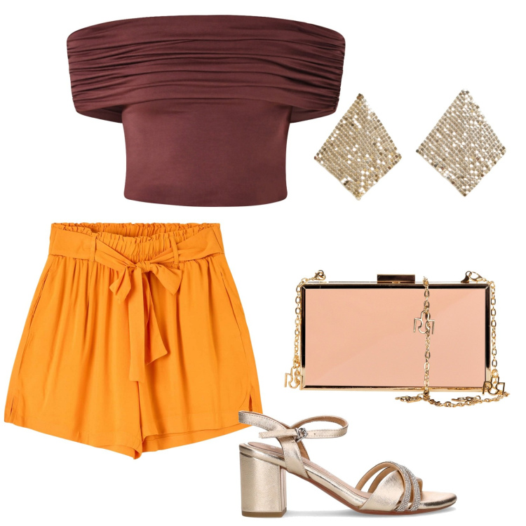 Outfit donna - Colori estivi. per Serata fuori. Abbinamento con shorts, orecchini, top, pochette, sandali in pelle.