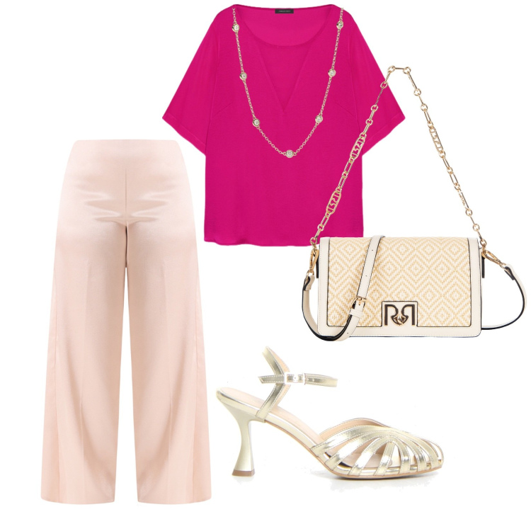 Outfit donna - Colori e oro. per Ufficio. Abbinamento con collane, pantaloni a palazzo, borse a tracolla, bluse, sandali col tacco.