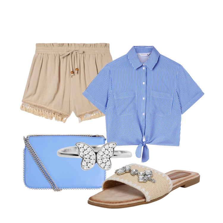 Outfit donna - Total look #2195823. Stile Casual per Mare. Abbinamento con camicie a manica corta, shorts, ciabatte, borse a tracolla, anelli.