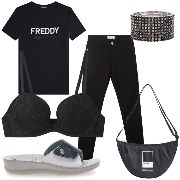 Outfit donna - In casa , ma col braccialetto. Stile Basic per Tutti i giorni. Abbinamento con marsupi, pantaloni, reggiseni push-up, t-shirt, braccialetti, ciabatte.