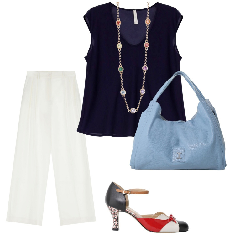 Outfit donna - Imperial estate. per Tutti i giorni. Abbinamento con collane, t-shirt, pochette, pantaloni, décolleté.