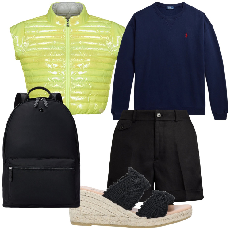 Outfit donna - Sulle Alpi. Stile Casual chic per Tutti i giorni. Abbinamento con espadrillas, blazer, zaini, shorts, felpe.
