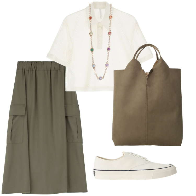 Outfit donna - Imperial. per Tutti i giorni. Abbinamento con collane, t-shirt, gonne lunghe, shopping bag, sneakers.