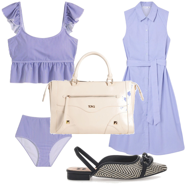 Outfit donna - Un bikini eccentrico. Stile Trendy per Mare. Abbinamento con costumi interi, borse a mano, vestiti chemisier, ballerine.