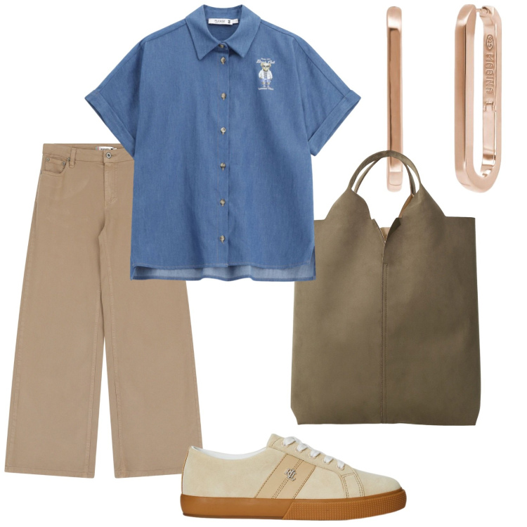 Outfit donna - Please. per Tutti i giorni. Abbinamento con orecchini, pantaloni, camicie a manica corta, shopping bag, sneakers.