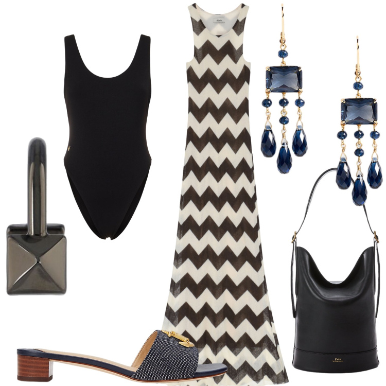 Outfit donna - Aperitivo a Sanremo. Stile Glamour per Mare. Abbinamento con vestiti lunghi, sandali col tacco, borse a secchiello, orecchini, costumi interi, anelli.