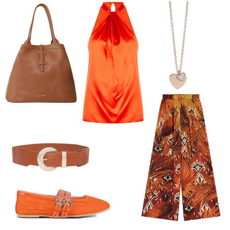 Outfit donna - Arancio boho. Stile Boho per Tutti i giorni. Abbinamento con pantaloni a palazzo, borse tote, ciondoli, top, ballerine, cinture.