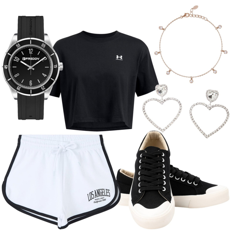 Outfit donna - Sportiva con un tocco di eleganza. Stile Casual chic per Sport. Abbinamento con shorts, braccialetti, orecchini, orologi, sneakers, t-shirt.