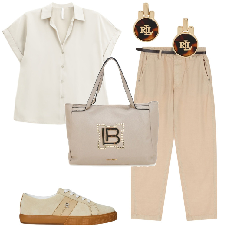 Outfit donna - Pantalone chino panna il pomeriggio. Stile Casual per Tutti i giorni. Abbinamento con pantaloni chino, camicie a manica corta, sneakers, orecchini, borse a spalla.