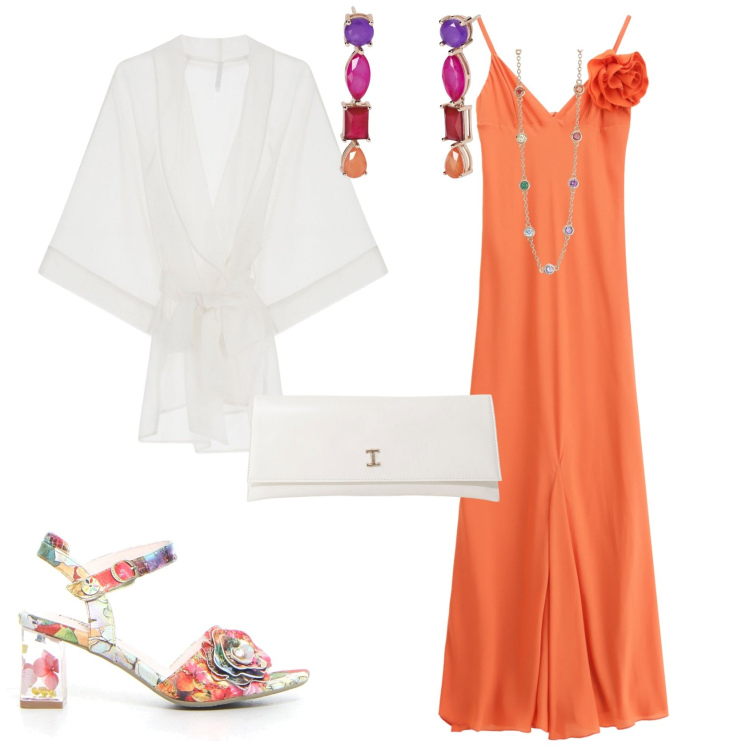 Outfit donna - Total look #2195884. Stile Vintage retrò per Serata fuori. Abbinamento con collane, orecchini, pochette, kimono, vestiti lunghi, sandali col tacco.