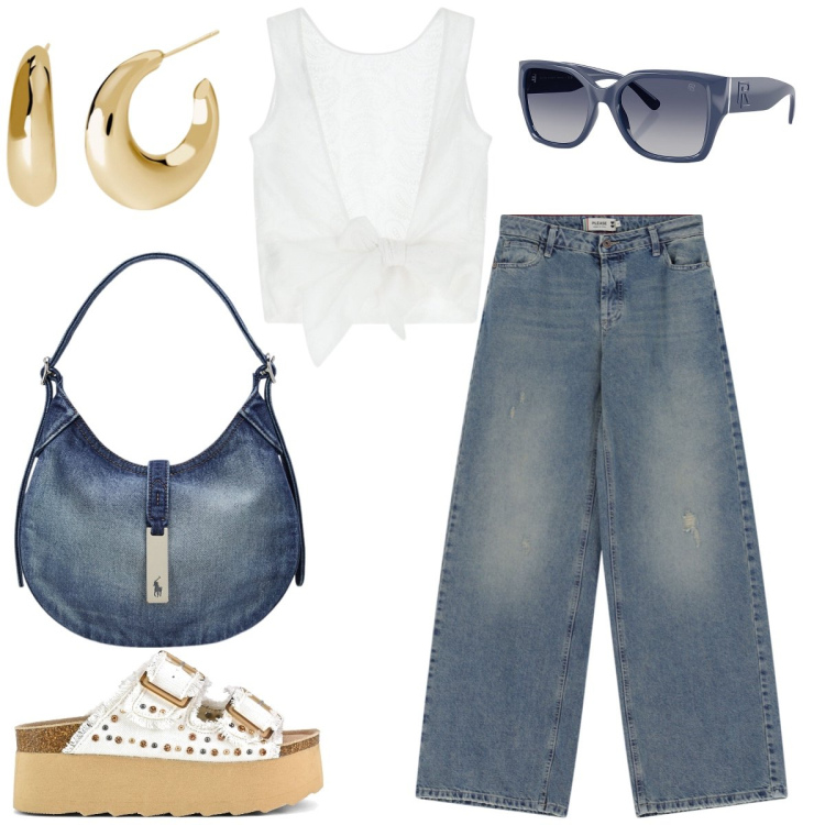 Outfit donna - Total look #2195885. Stile Casual chic per Tutti i giorni. Abbinamento con orecchini, jeans, top, borse a spalla, occhiali da sole, sandali.