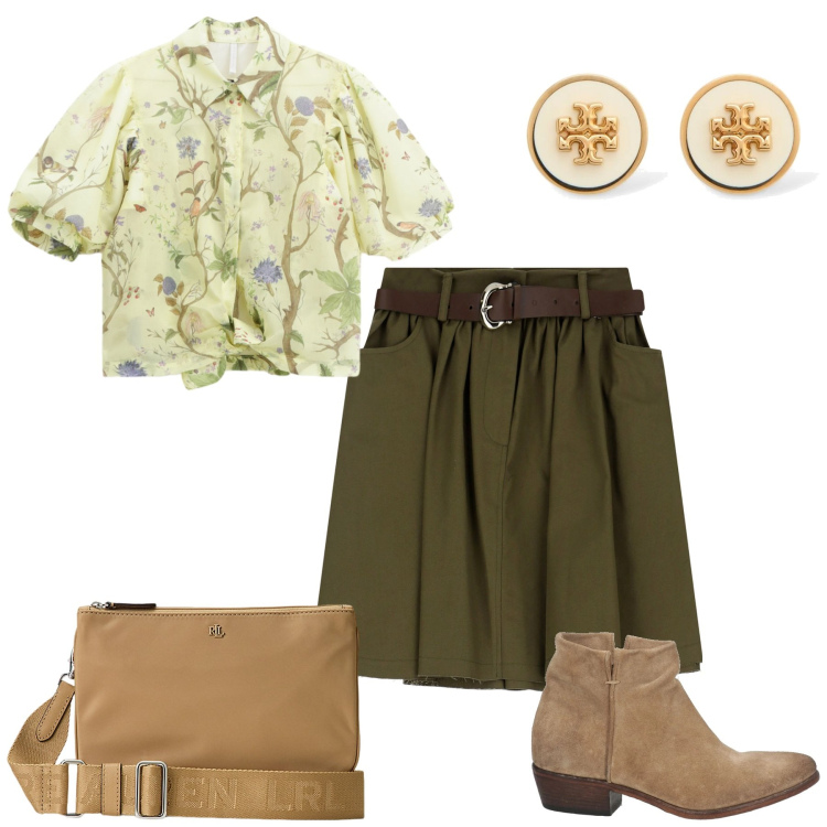 Outfit donna - Country city. Stile Casual per Tutti i giorni. Abbinamento con stivaletti texani, camicie a manica corta, minigonne, borse a tracolla, orecchini.
