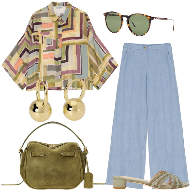 Outfit donna - Total look #2195889. Stile Casual chic per Tutti i giorni. Abbinamento con orecchini, camicie, jeans, occhiali da sole, sandali in pelle, borse a mano.