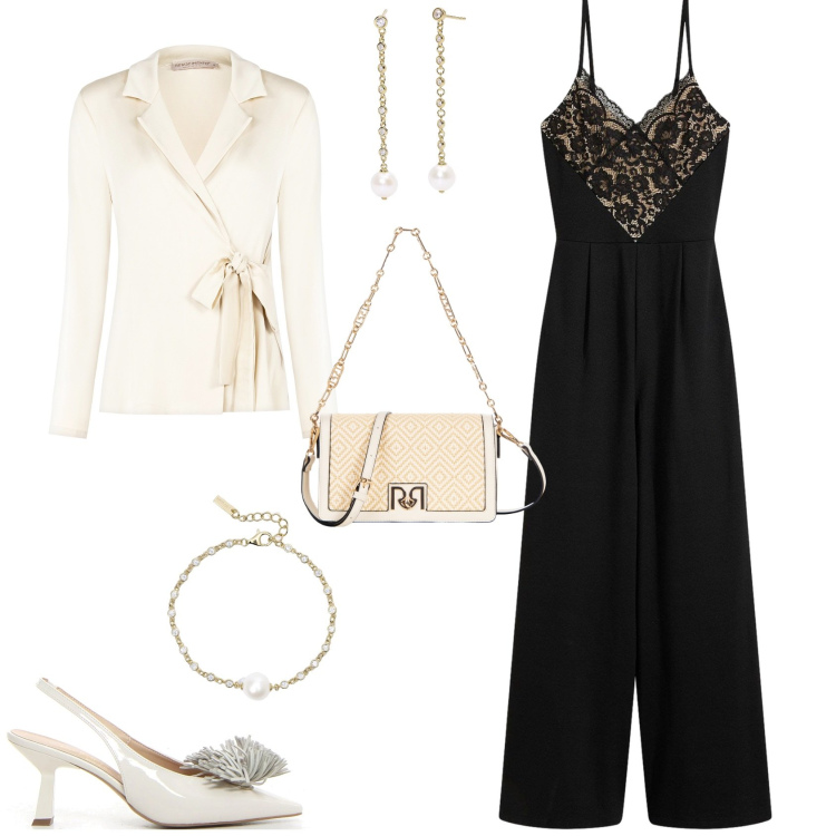 Outfit donna - Aperitivo o evento nel tardo pomeriggio. Stile Bon Ton per Tutti i giorni. Abbinamento con tute, orecchini, braccialetti, blazer, borse a tracolla, décolleté.