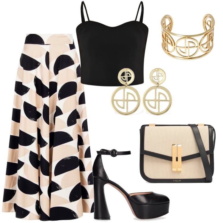 Outfit donna - Moony Marlene. Stile Chic per Serata fuori. Abbinamento con top, gonne longuette, borse a spalla, décolleté, orecchini, braccialetti.