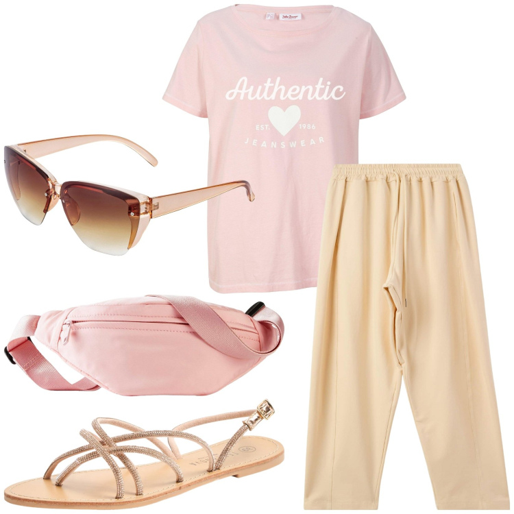 Outfit donna - Fresca in città. Stile Basic per Tutti i giorni. Abbinamento con occhiali da sole, marsupi, t-shirt, sandali, pantaloni.