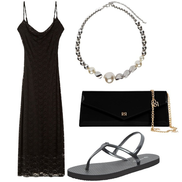 Outfit donna - Sere d´estate. Stile Chic per Serata fuori. Abbinamento con sandali, vestiti senza maniche, pochette, collane.