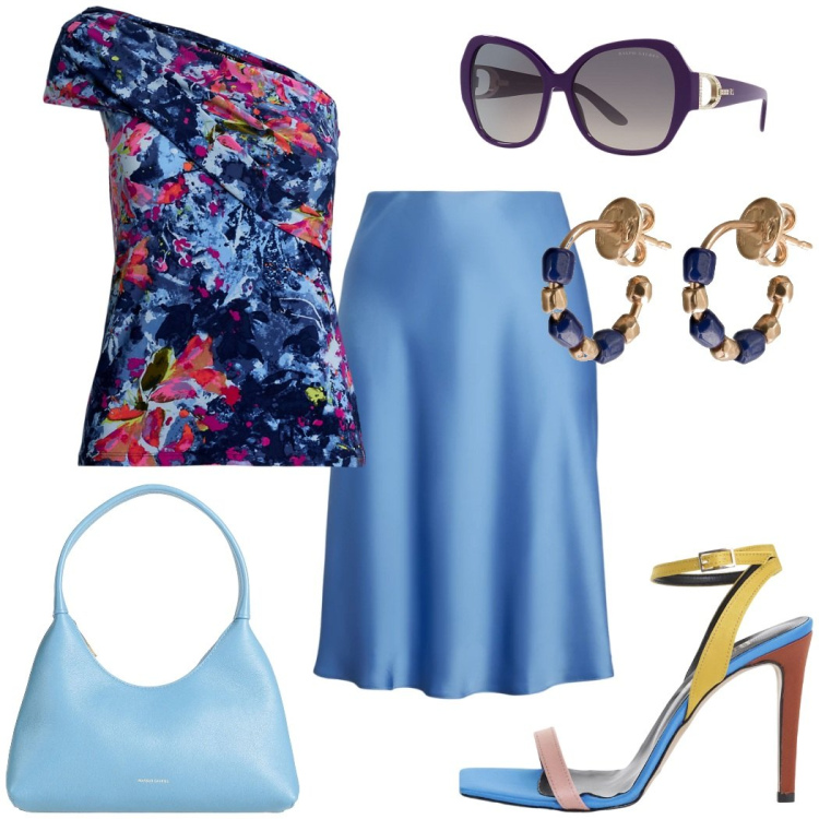 Outfit donna - Azzurro mare. Stile Casual chic per Cerimonia. Abbinamento con borse a mano, sandali col tacco, top, occhiali da sole, gonne, orecchini.