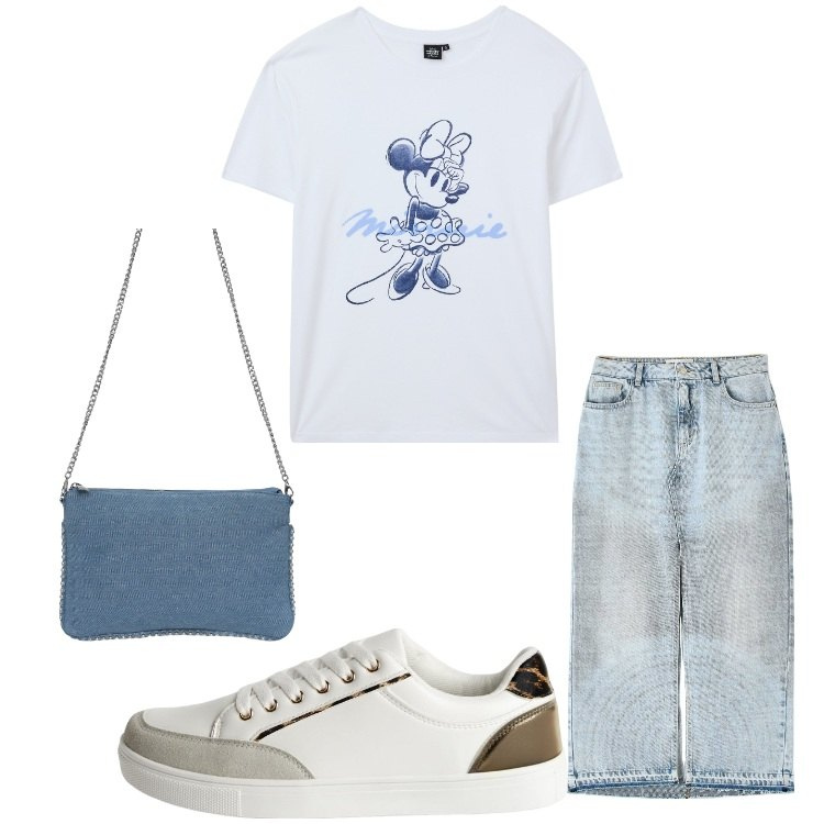 Outfit donna - Minnie. Stile Sporty chic per Tutti i giorni. Abbinamento con t-shirt, sneakers, borse a tracolla, gonne lunghe.