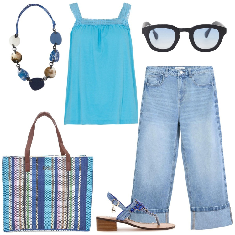 Outfit donna - Passeggiata. Stile Casual per Tutti i giorni. Abbinamento con top, jeans, occhiali da sole, shopping bag, sandali gioiello, collane.