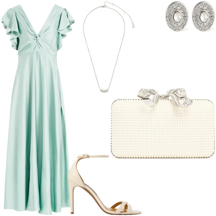 Outfit donna - Damigella d\'onore. Stile Romantica per Cerimonia. Abbinamento con vestiti lunghi, sandali col tacco, collane, orecchini, pochette.