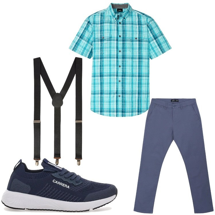 Outfit uomo - Summer hipster. Stile Casual per Tutti i giorni. Abbinamento con camicie a manica corta, pantaloni chino, bretelle, sneakers.