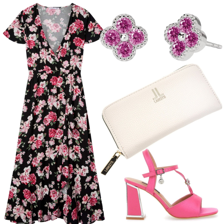 Outfit donna - Fiori sul vestito. Stile Romantica per Tutti i giorni. Abbinamento con vestiti lunghi, orecchini, sandali col tacco, portafogli.