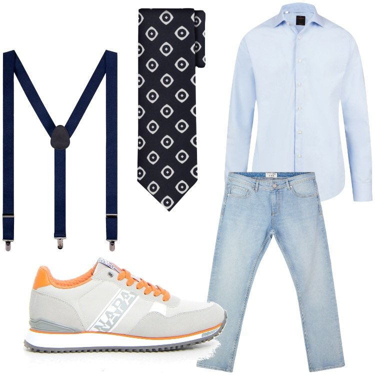 Outfit uomo - Trendy. Stile Trendy per Ufficio. Abbinamento con jeans, bretelle, camicie, cravatte, sneakers.