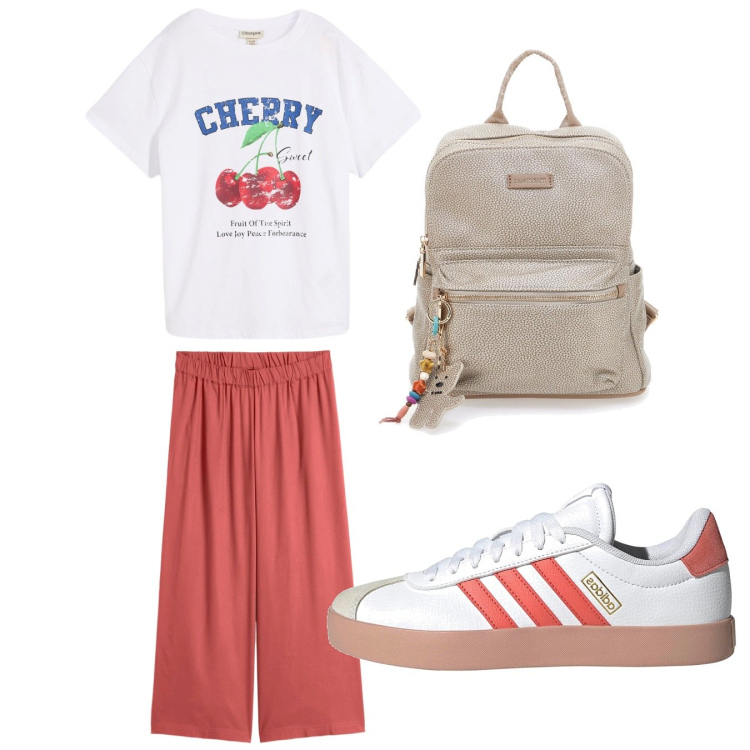 Outfit donna - Sportiva. Stile Sporty chic per Tutti i giorni. Abbinamento con pantaloni culotte, t-shirt, zaini, sneakers.
