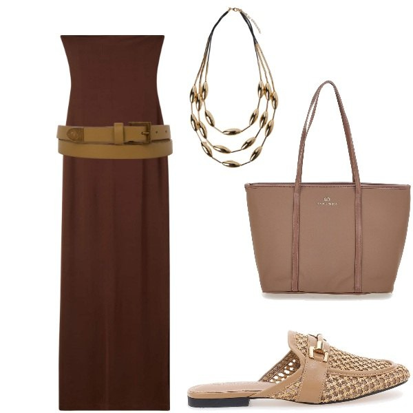 Outfit donna - Le serate di Luglio. Stile Casual per Serata fuori. Abbinamento con vestiti lunghi, sabot, cinture, borse a spalla, collane.