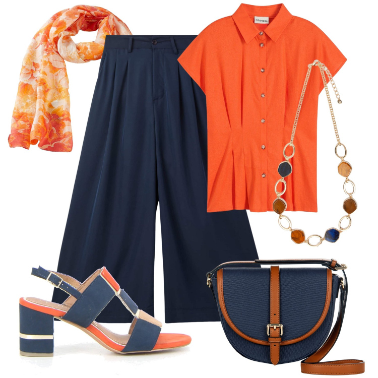 Outfit donna - Arancio & blu - @danipoetessa73. Stile Glamour per Ufficio. Abbinamento con bluse, sciarpe, pantaloni, borse a tracolla, collane, sandali in pelle.