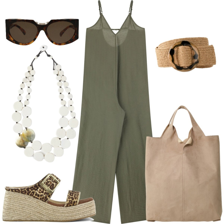 Outfit donna - In vacanza. Stile Casual per Tutti i giorni. Abbinamento con cinture, occhiali da sole, tute, shopping bag, zeppe, ciondoli.