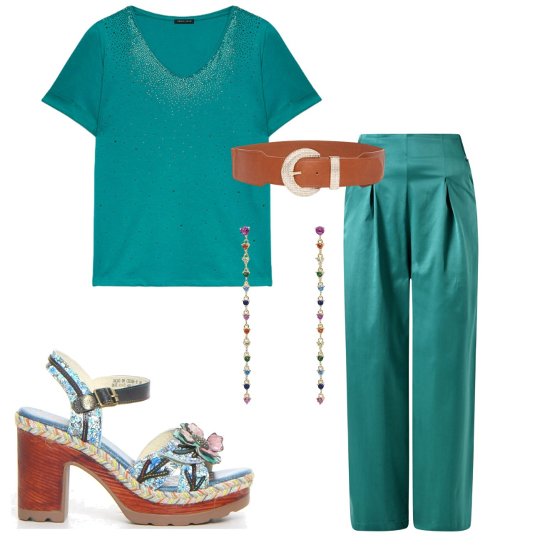 Outfit donna - Colori vivaci. Stile Casual chic per Serata fuori. Abbinamento con orecchini, pantaloni, sandali col tacco, t-shirt, cinture.