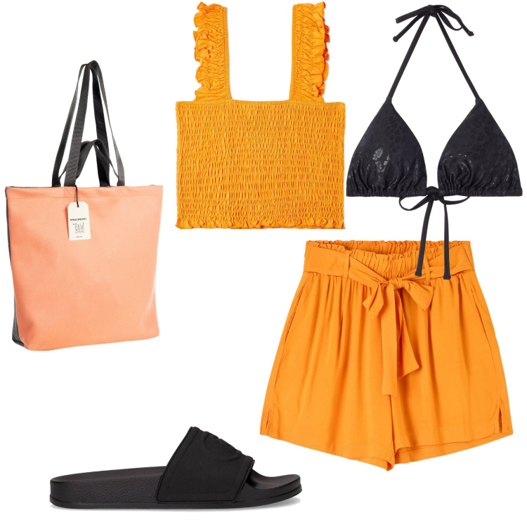 Outfit donna - Colori vivaci. Stile Casual per Mare. Abbinamento con shorts, top, bikini, borse tote, ciabatte.