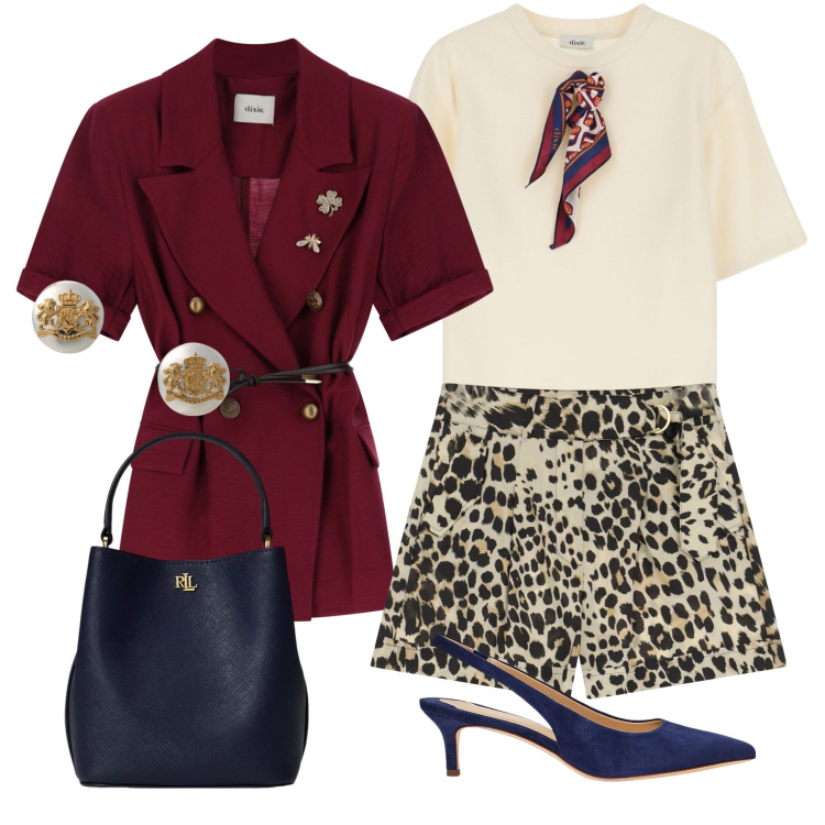Outfit donna - S&CNY. Abbinamento con shorts, t-shirt, blazer, orecchini, borse a secchiello, décolleté.