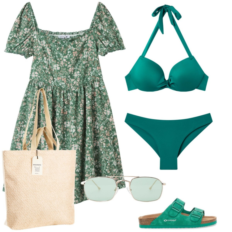 Outfit donna - In spiaggia. Stile Romantica per Mare. Abbinamento con vestiti corti, bikini, bikini, borse tote, occhiali da sole, ciabatte.