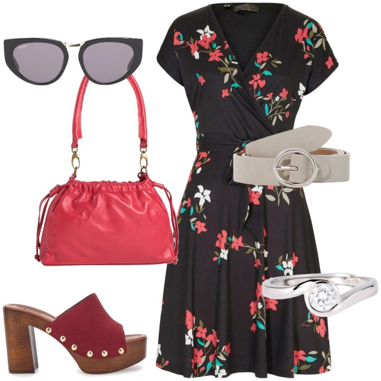 Outfit donna - Femminile stile anni \'50. Stile Vintage retrò per Tutti i giorni. Abbinamento con vestiti, borse a mano, anelli, cinture, zoccoli, occhiali da sole.