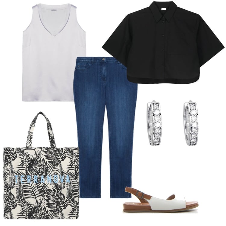 Outfit donna - Simply. Stile Bon Ton per Serata fuori. Abbinamento con borse tote, orecchini, top, jeans skinny, sandali, camicie a manica corta.