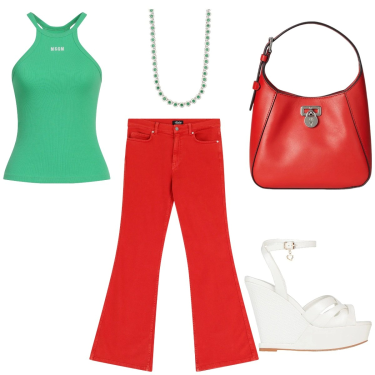Outfit donna - Look Italy. Stile Casual per Tutti i giorni. Abbinamento con sandali in pelle, top, collane, pantaloni, borse a tracolla.